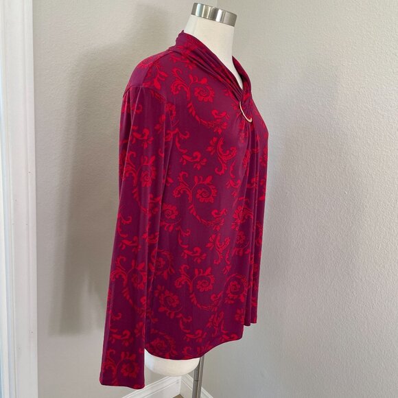 Liz Claiborne Womens Plus 2X Red Purple Floral Long Sleeve Top Gold Ring Accent - Picture 3 of 10